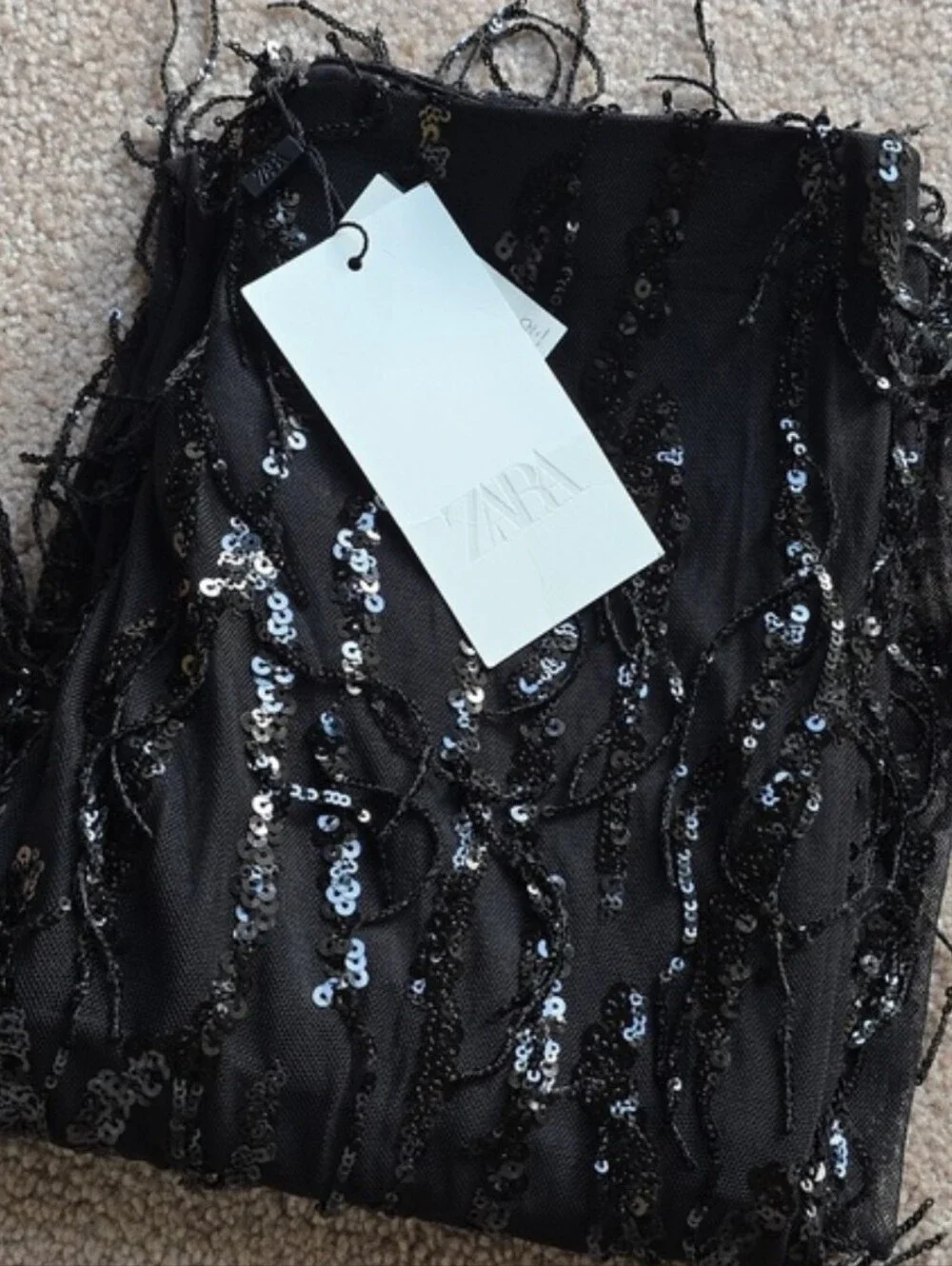 Zara SEQUIN FRINGED FLARE PANTS LEGGINGS BLACK SIZE L